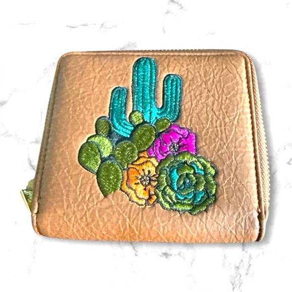 Cute Small Catchfly Cactus Embroidered brown Wallet - Picture 1 of 7